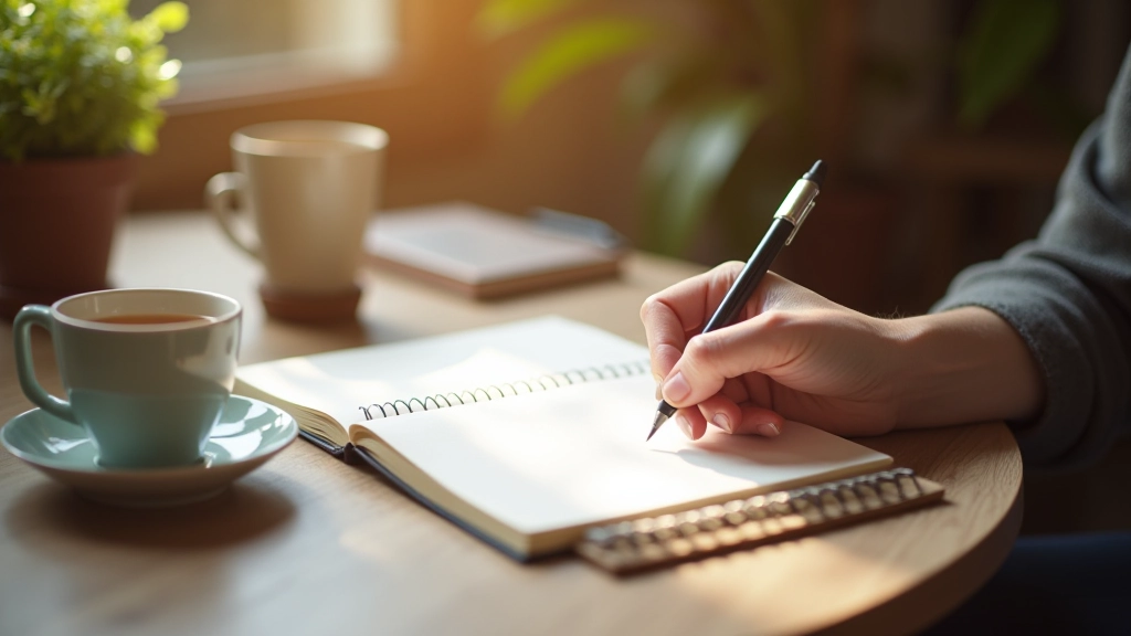 Ruka zaznamenávající malé denní úspěchy do diáře s tužkou a usmívajícím se výrazem