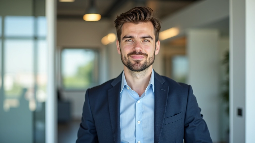 Muž s sebevědomou posturou sedí v kanceláři a usmívá se do kamery, přirozeného osvětlení, ostré zaměření