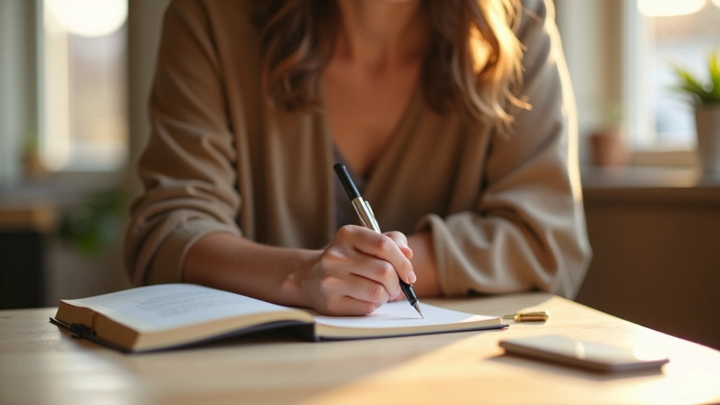 Žena sedí u stolu s notebookem a píše si poznámky o svých myšlenkách a citech